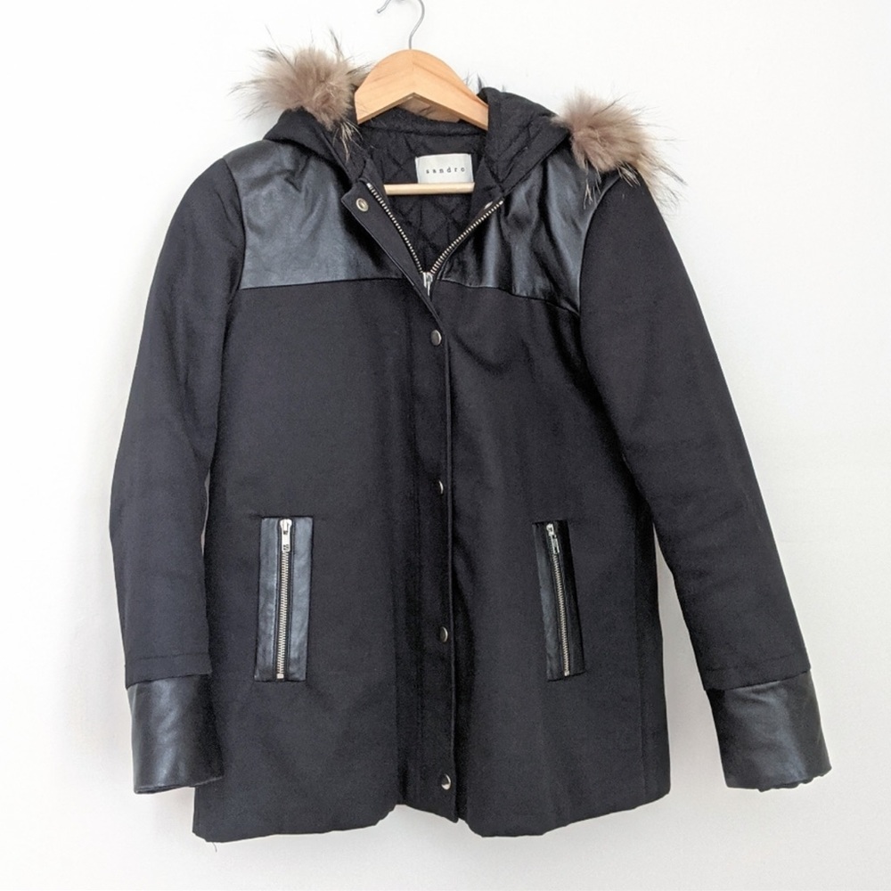 Sandro Paris Parka with Fur Hood and Leather Detail